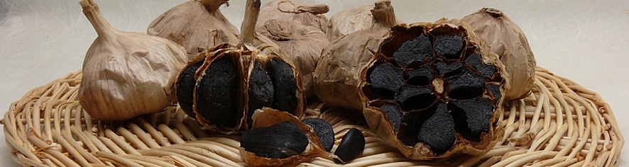 schwarzer knoblauch oder black garlic, ganze knollen aufgeschnitten